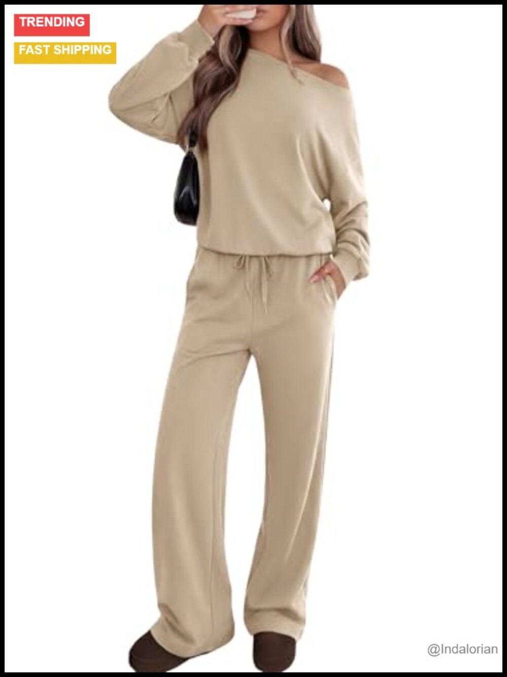 Off Shoulder Lounge Set 2 Piece Knit Wide Leg Pants Sweatshirt